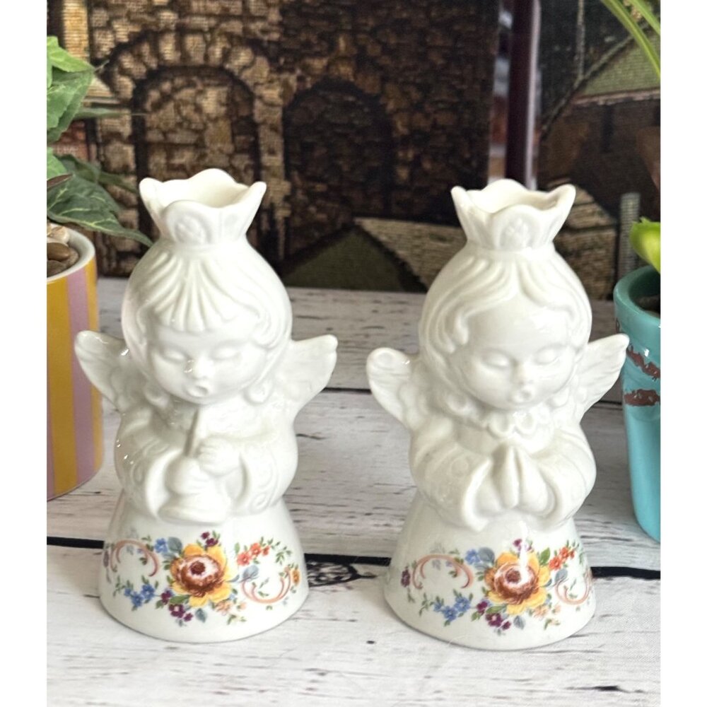 Vintage Dresden Ceramic Angel Candle Holders With Floral Design